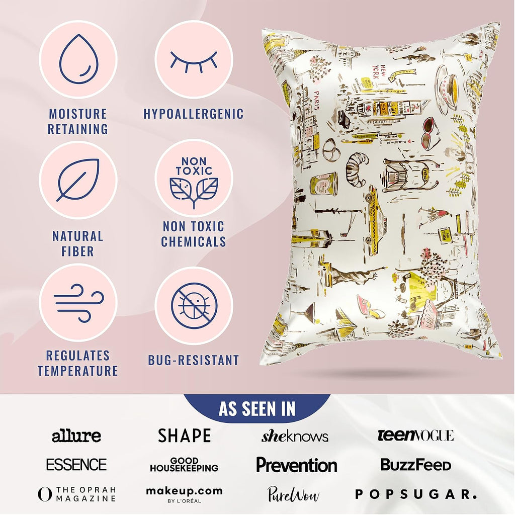 Blissy Silk Pillowcase - 100% Pure Mulberry Silk - 22 Momme 6A High-Grade Fibers - Silk Pillow Cover for Hair & Skin - Regular, Queen & King (Nicole Miller - NY to Paris, King)
