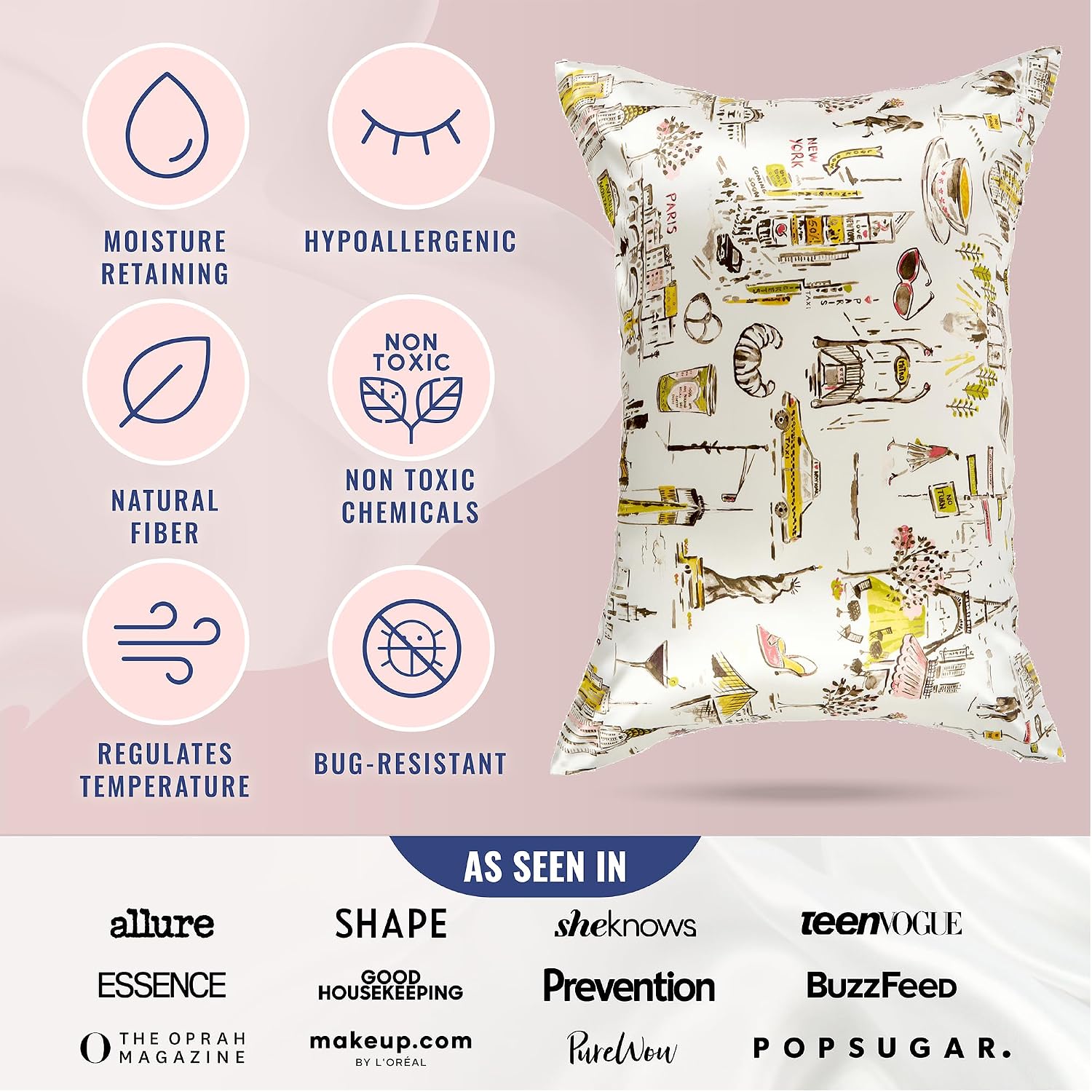 Blissy Silk Pillowcase - 100% Pure Mulberry Silk - 22 Momme 6A High-Grade Fibers - Silk Pillow Cover for Hair & Skin - Regular, Queen & King (Nicole Miller - NY to Paris, King)