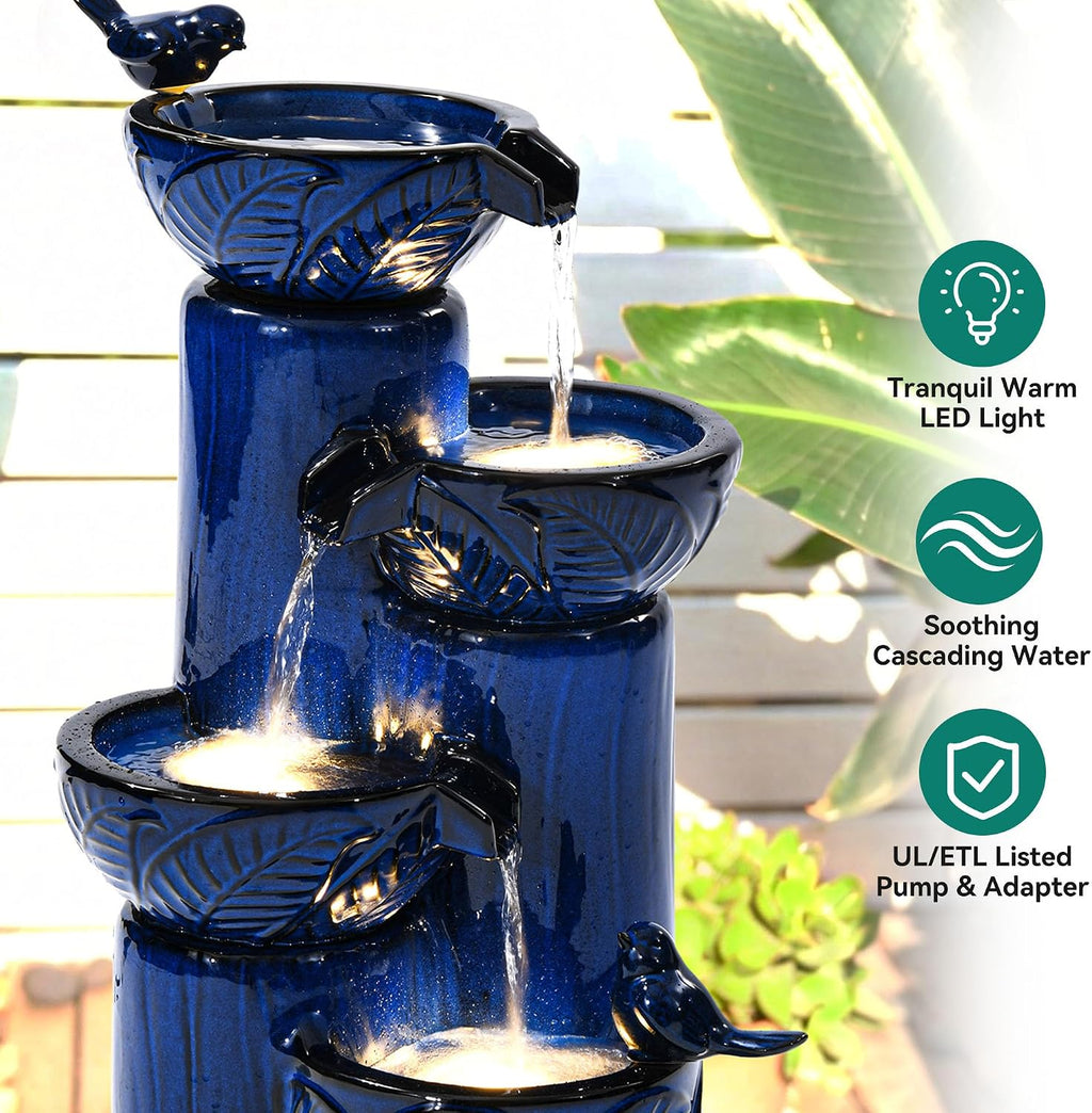 33' H Ceramic Outdoor Water Fountain with LED Lights, 4-Tier Bowl Water Feature with Birds, Cobalt Blue Glaze, Embossed Leaf Pattern, Cascading Waterfall for Tranquil Garden, Patio, or Porch