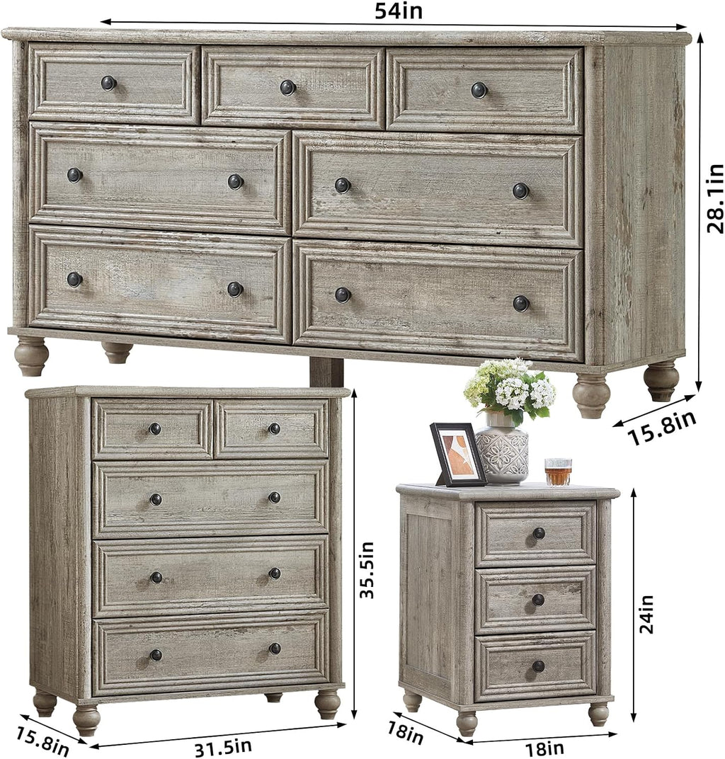 Farmhouse Dressers & Night Stand Set of 3, Wood 54' Wide Dresser & 35.5'Tall Chest of Drawers, 18' Roman Column Nightstand, Bedroom Furniture 7 Drawer Dresser Set for Bedroom Home Living Room Hallway