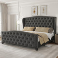 LARMACE Queen Size Bed Frame Velvet Upholstered Platform Bed with Wingback Headboard & Footbaord, Deep Button Tufted Bed Frame with Wood Slats Support, No Box Spring Needed, Grey