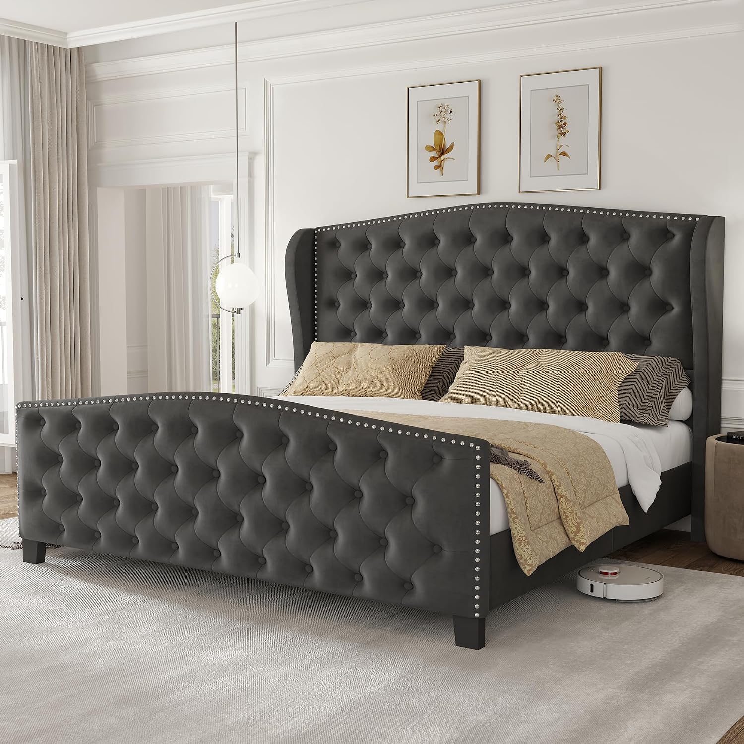 LARMACE Queen Size Bed Frame Velvet Upholstered Platform Bed with Wingback Headboard & Footbaord, Deep Button Tufted Bed Frame with Wood Slats Support, No Box Spring Needed, Grey