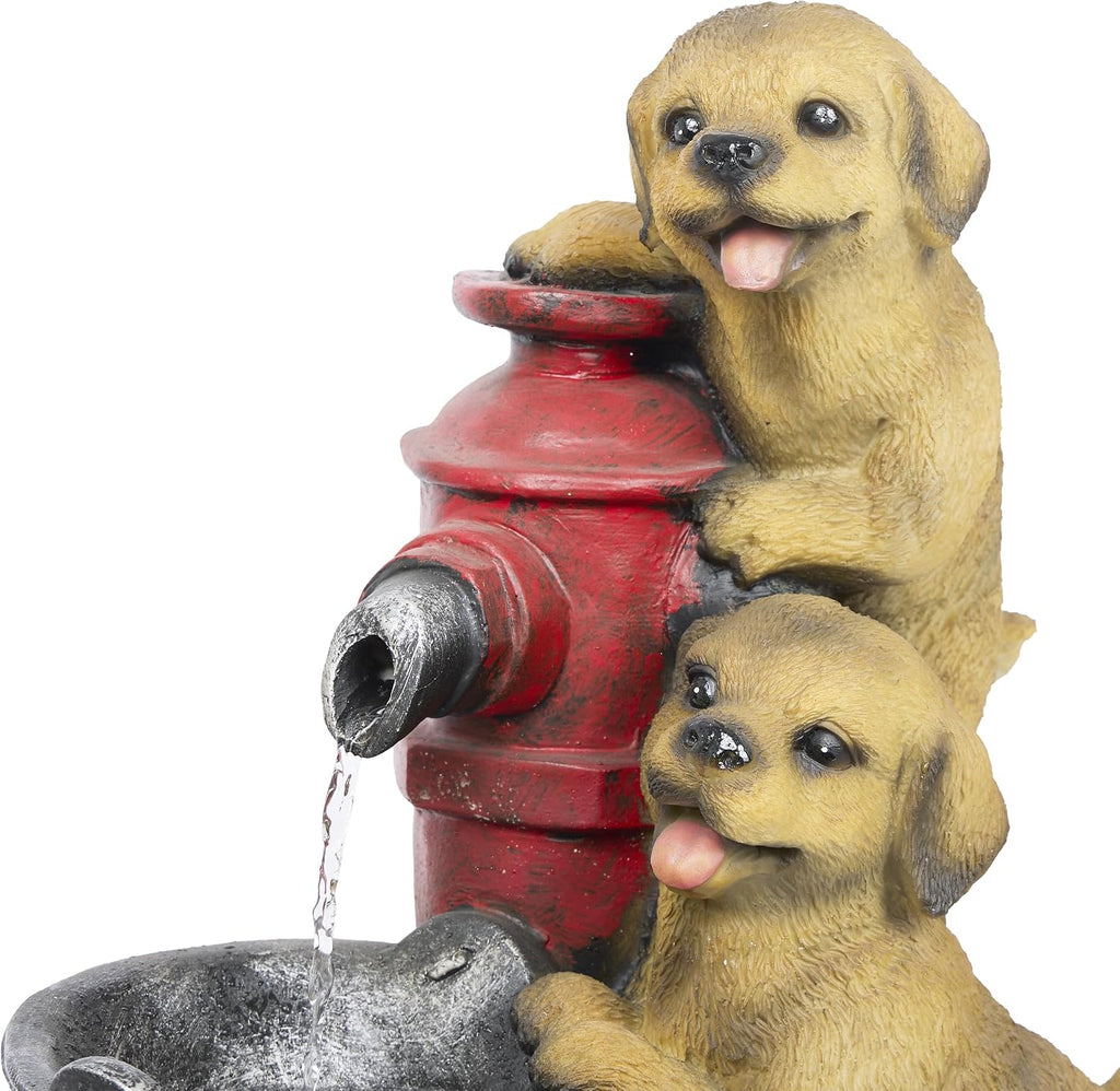 Alpine Corporation GXT986 26' Tall Outdoor Barrel Fountain with Playful Puppies, Cascading Garden Water Feature for Patio, Lawn, or Yard Decor, Brown