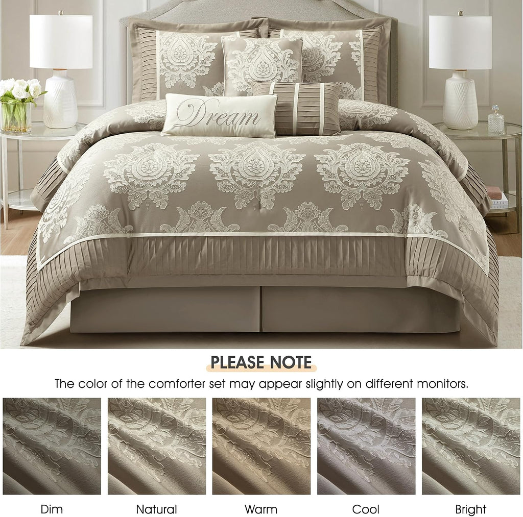 LANCO MODERN LIFESTYLE Beige Queen Comforter Set 7 Pieces, Jacquard Woven with Damask, Bedding Set in a Bag Includes Comforter, Bed Skirt, Pillow Shams, and Decorative Pillows