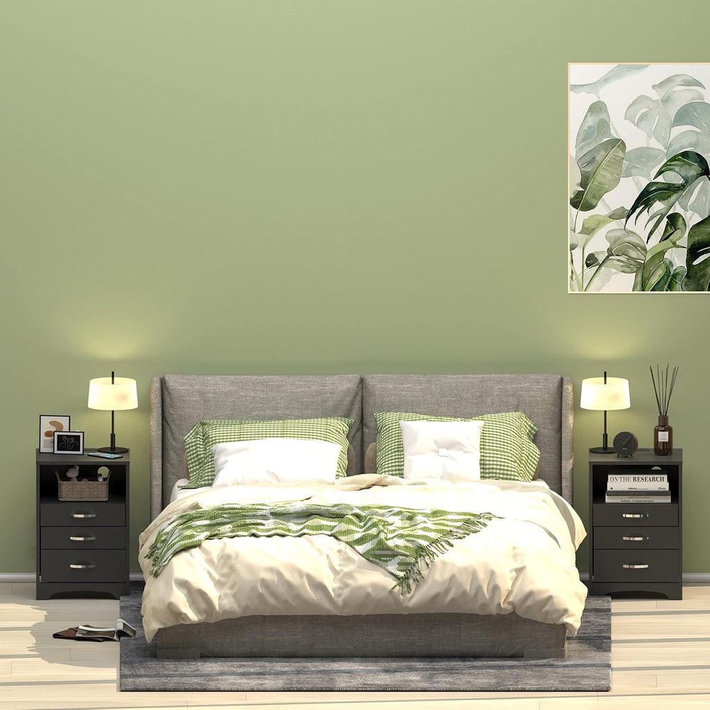 Black Nightstand Set of 2, 3 Drawer Nightstand with Charging Station Side Table with Open Storage Bedside End Table NightStands Storage Cabinet for Bedroom