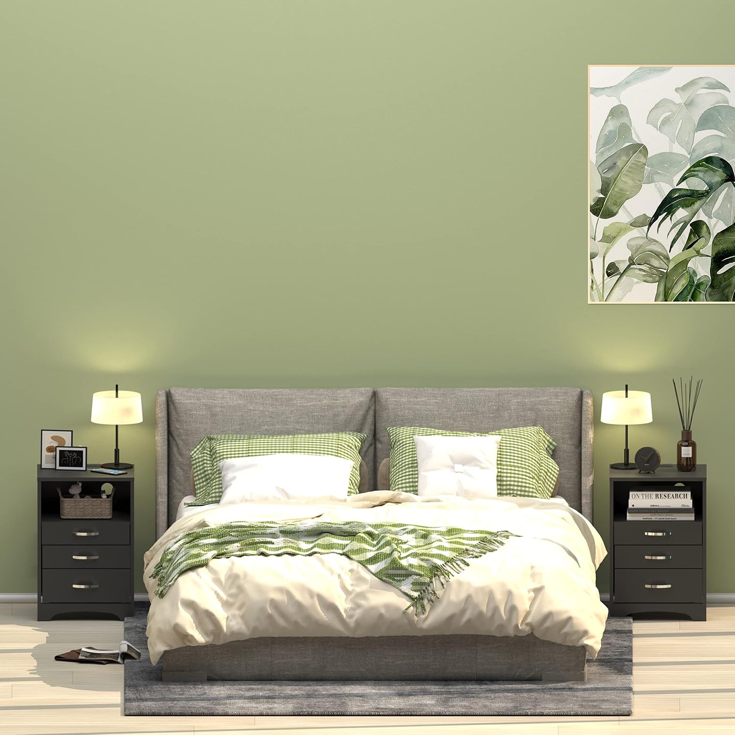 Black Nightstand Set of 2, 3 Drawer Nightstand with Charging Station Side Table with Open Storage Bedside End Table NightStands Storage Cabinet for Bedroom