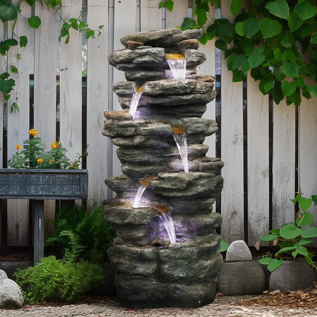 SunJet 40' High 6-Tiers Cascading Rock Outdoor Water Fountain with LED Lights - Large Outdoor Fountains and Waterfalls for Garden or Patio, Yard, and Deck Decor, Featuring Natural Stone Look