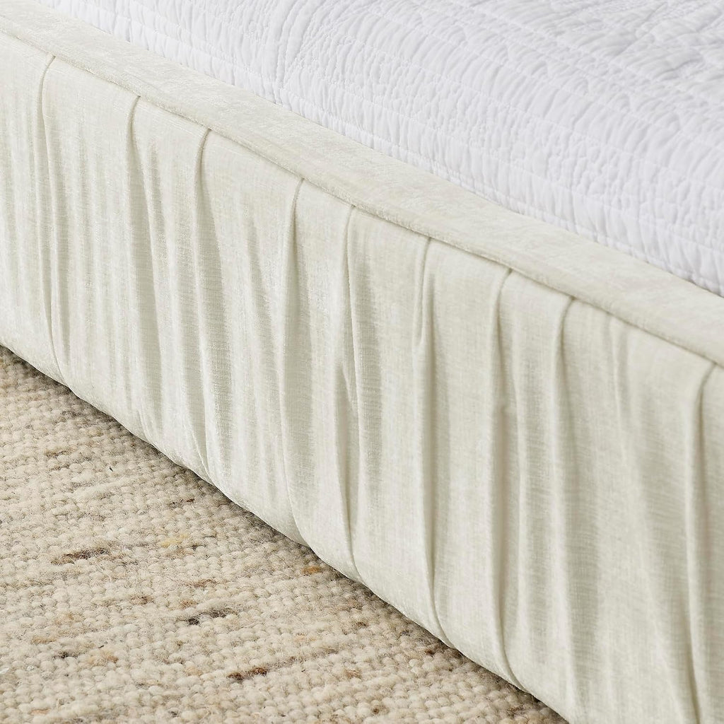 Queen Size Upholstered Bed with Chenille Fabric with Pleated Design, Grounded Platform Bed with Headboard, Solid Wood Floor Bed Frame with Thick Fabric for Bedroom,Guest Room (Beige-JA3)