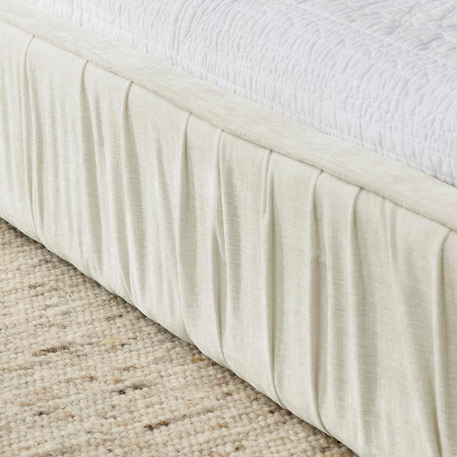 Queen Size Upholstered Bed with Chenille Fabric with Pleated Design, Grounded Platform Bed with Headboard, Solid Wood Floor Bed Frame with Thick Fabric for Bedroom,Guest Room (Beige-JA3)