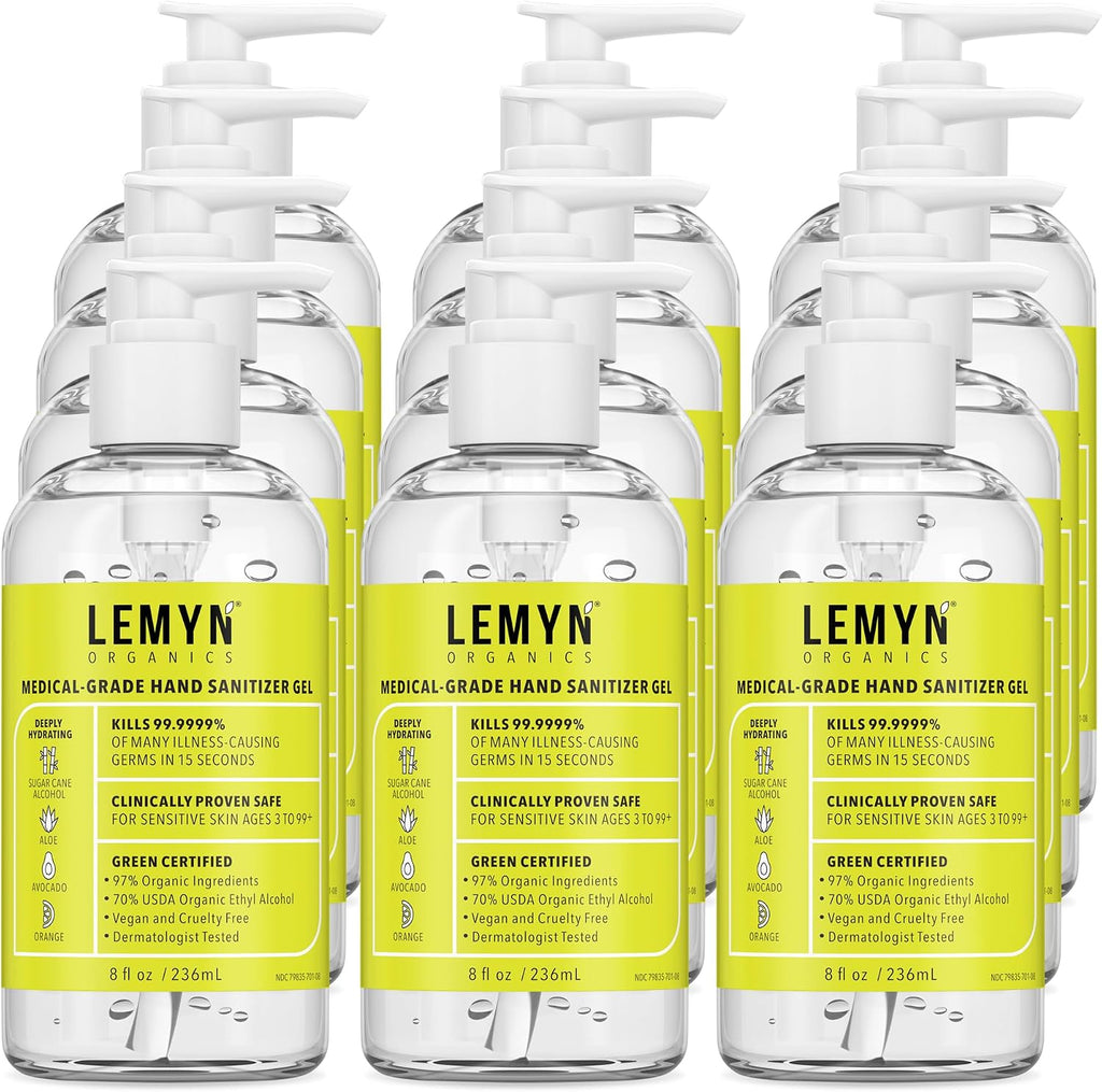 Lemyn Organics Medical‑Grade Hand Sanitizer Gel – 97 % Organic | 70 % USP Ethyl Alcohol | Moisturizing Aloe + Hyaluronic Acid | Freshly Made in USA | 8oz Bottle with Pump (PACK OF 12)