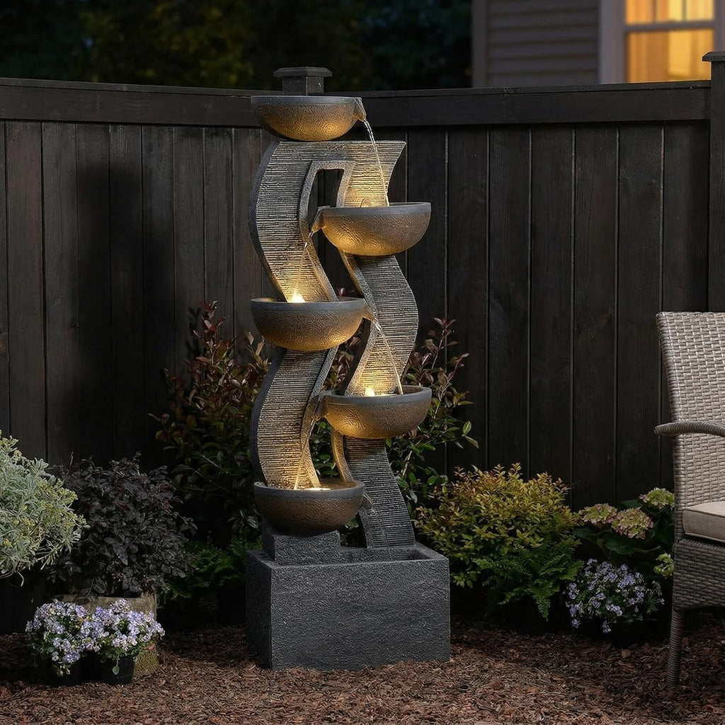 Bumilgar 52.8 Tall Garden Water Fountain Outdoor for Garden, Patio, Backyard, Deck, Porch and Home Art Decor, 6 Tiers Modern Cascading Large Outdoor Fountain with Lights