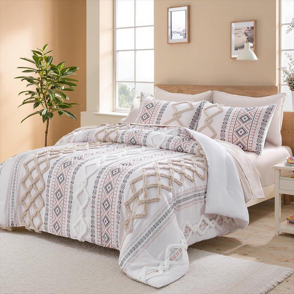 MOVE OVER Beige Tufted Comforter Set King Size 7 Pieces Boho Chic Farmhouse Bedding Set Bohemian Aztec Comforter Set and Sheet Set Modern Style Tufted Bedding Set for All Seasons