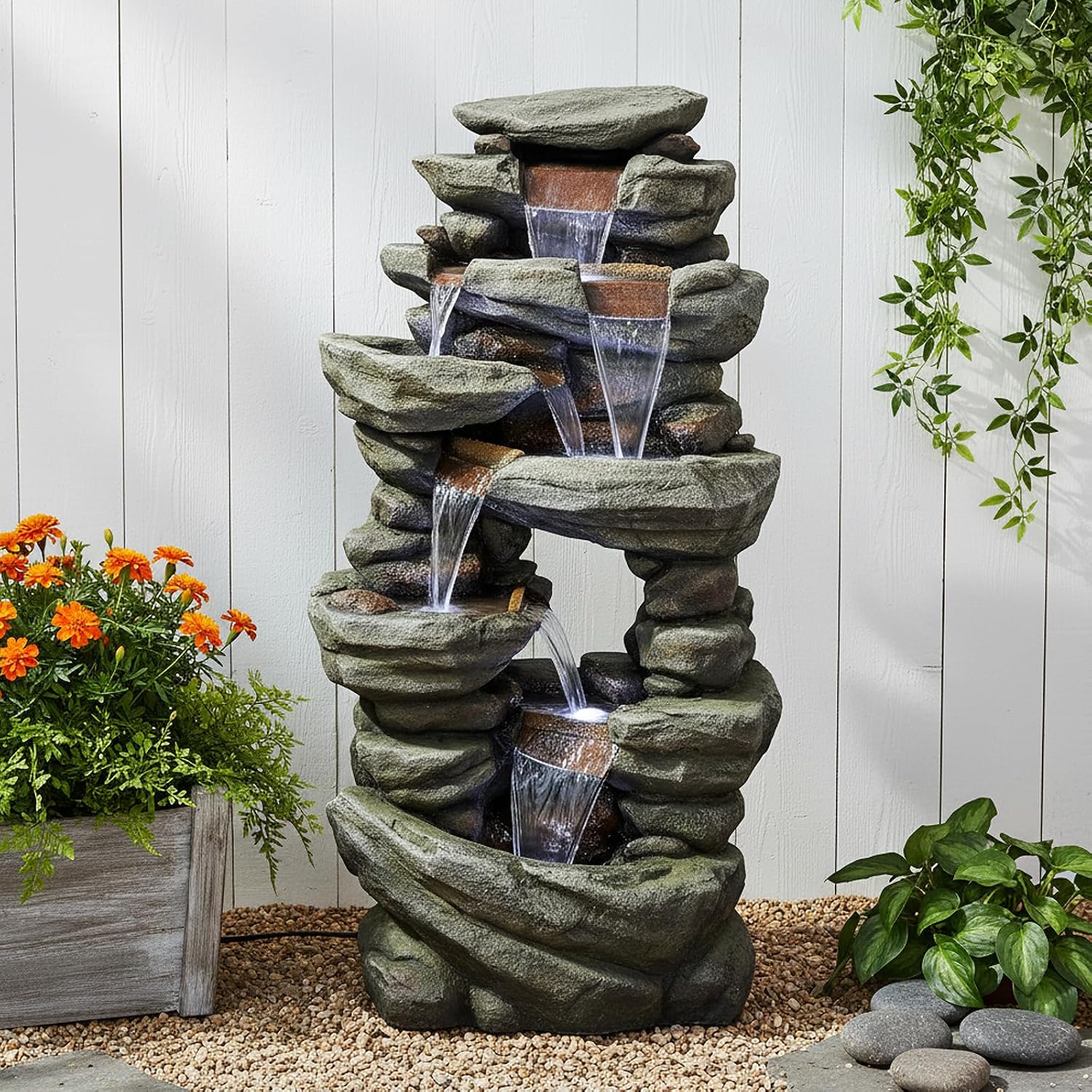SunJet 60' High Multi-Tiers Cascading Rock Outdoor Water Fountain with LED Lights - Large Outdoor Fountains and Waterfalls for Garden or Patio, Yard, and Deck Decor, Featuring Natural Stone Look