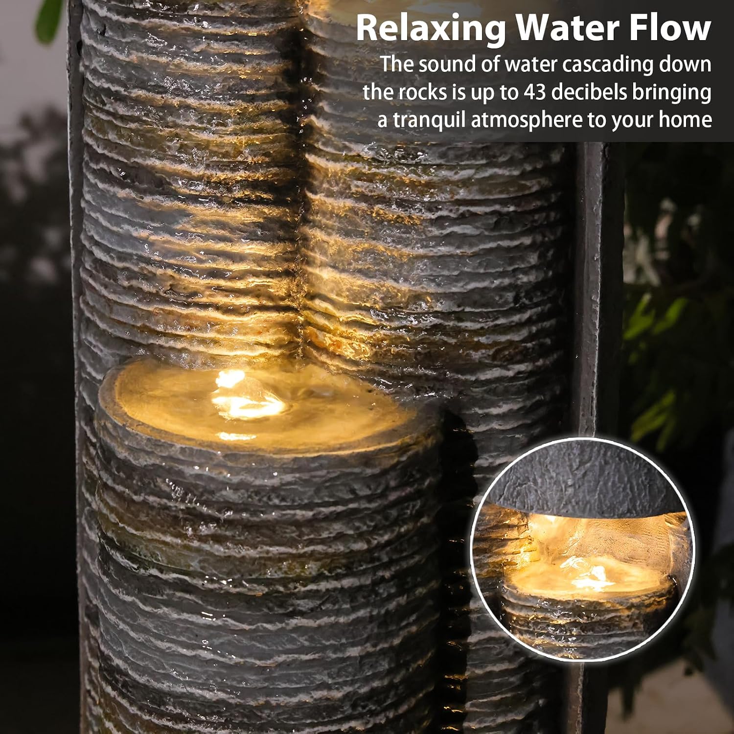 39.76' Tall Indoor Outdoor Water Fountain Modern Water Feature Stone-Textured Cascading Floor-Standing Fountains with Led Lights for Garden, Patio, Balcony, Yard, Office Home Art Decor