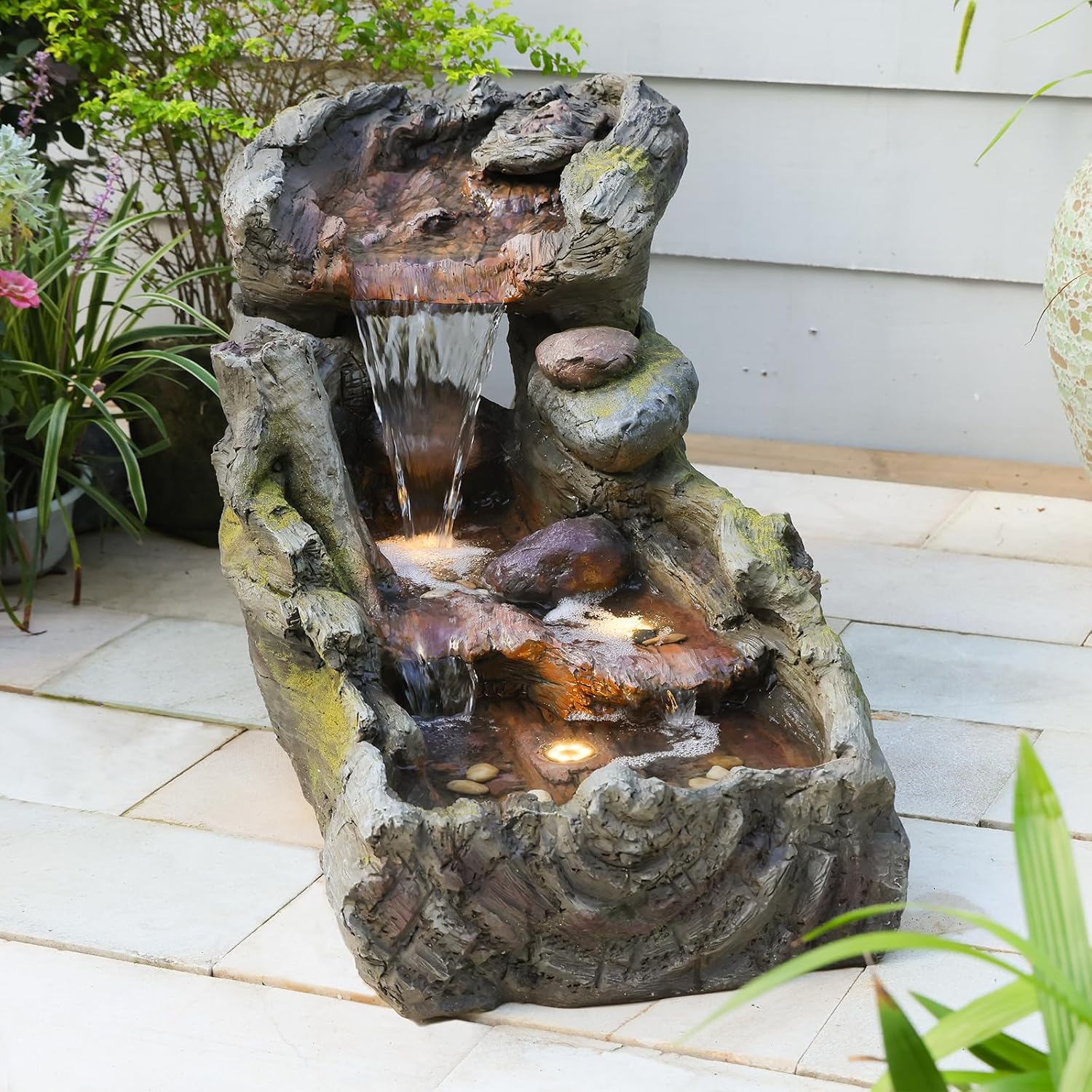 Sunlinua 23.62' L Outdoor Water Fountain with 3 Tiers Cascading Realistic Tree Trunk Waterfall Fountains with LED Lights Outdoor Water Fountain for Garden Patio Backyard Porch Home Decor