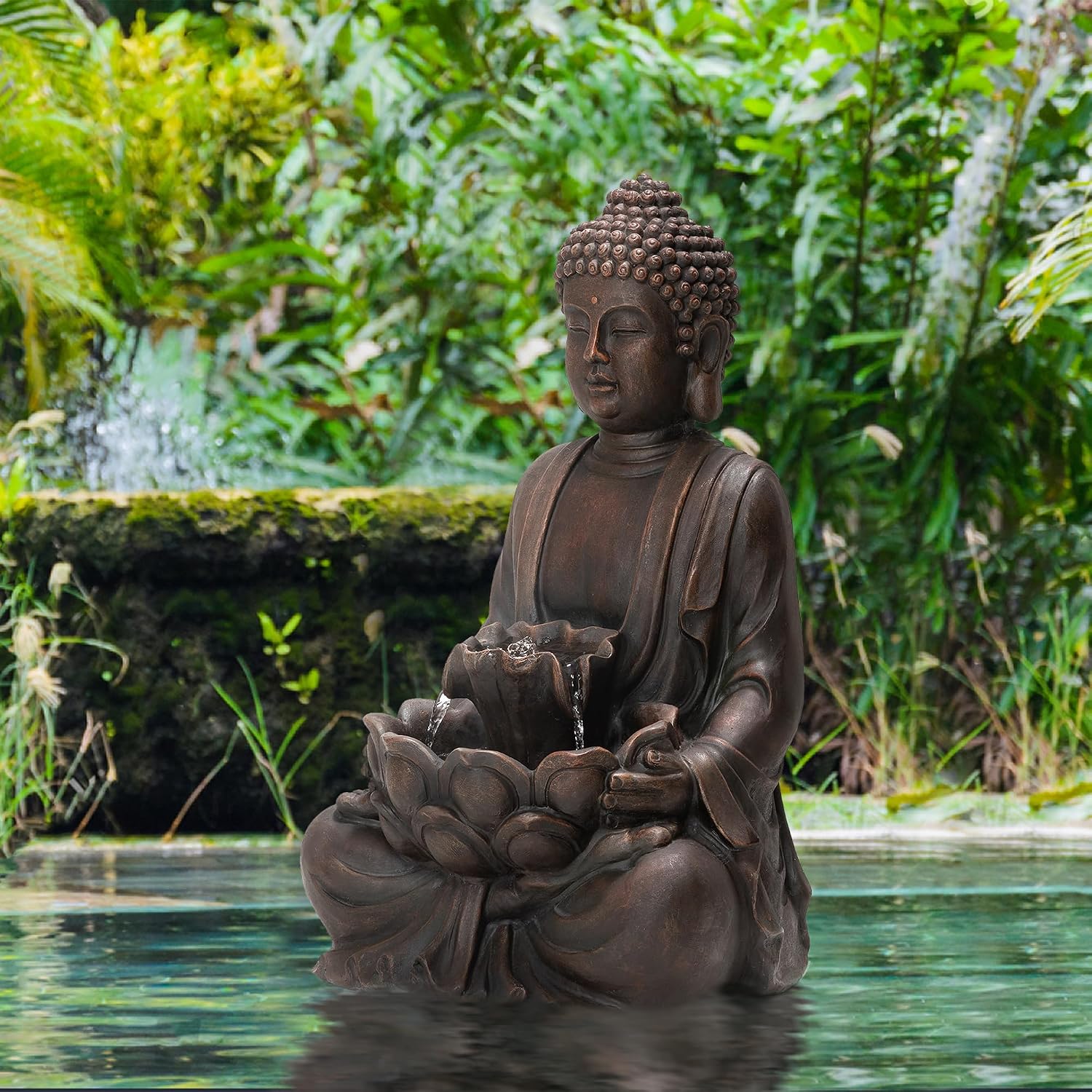 Glitzhome Zen Style Meditating Buddha Statue Fountain Polyresin Outdoor Decoration with Pump and LED Light, 23.25' H