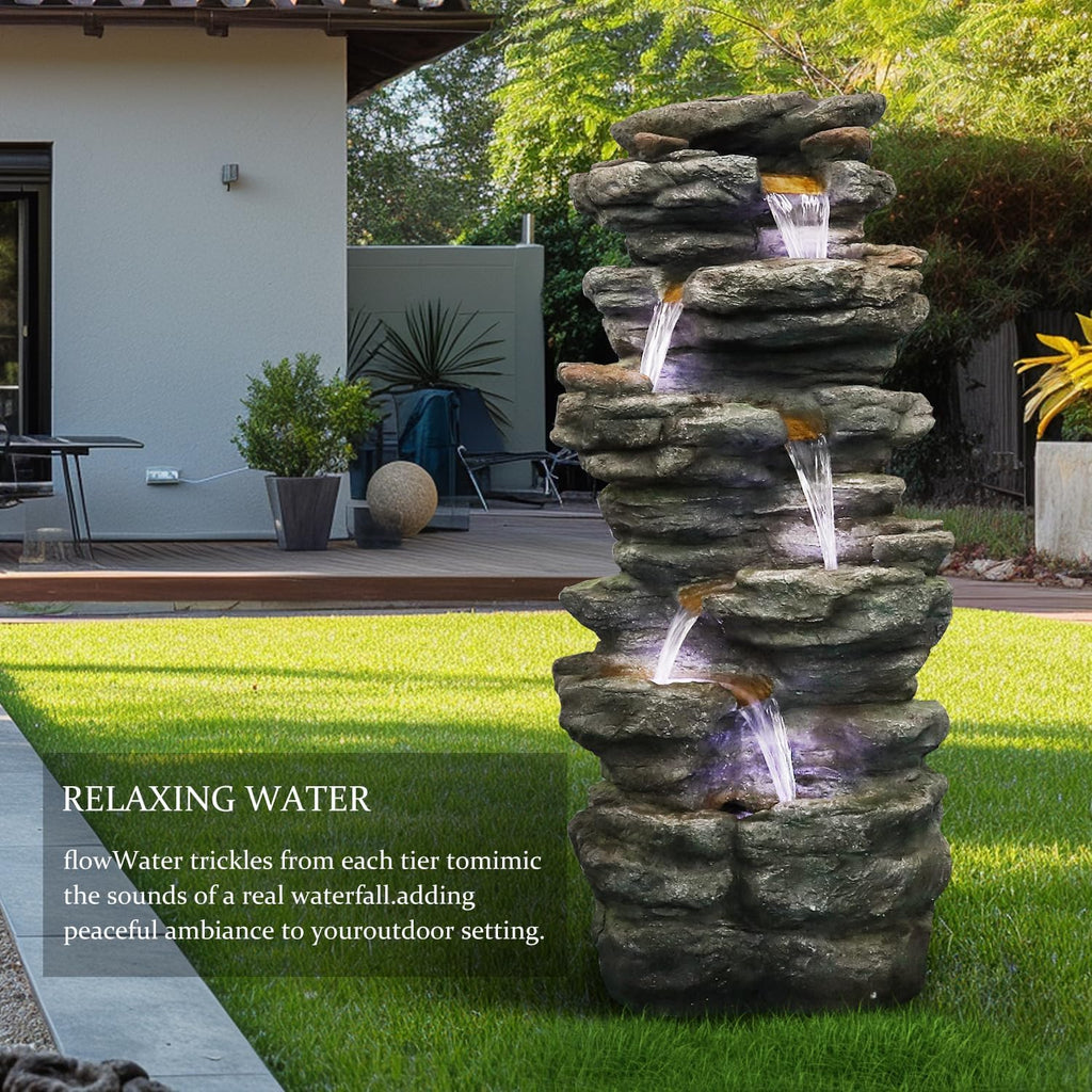 SunJet 40' High 6-Tiers Cascading Rock Outdoor Water Fountain with LED Lights - Large Outdoor Fountains and Waterfalls for Garden or Patio, Yard, and Deck Decor, Featuring Natural Stone Look