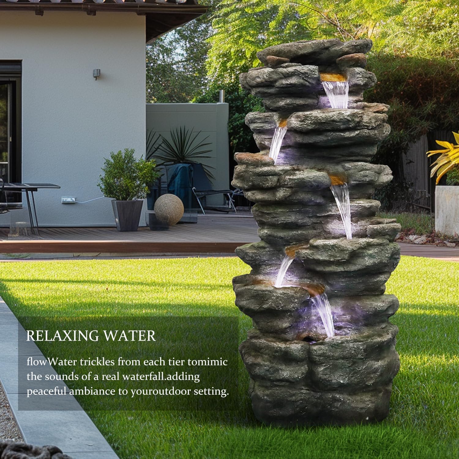 SunJet 40' High 6-Tiers Cascading Rock Outdoor Water Fountain with LED Lights - Large Outdoor Fountains and Waterfalls for Garden or Patio, Yard, and Deck Decor, Featuring Natural Stone Look
