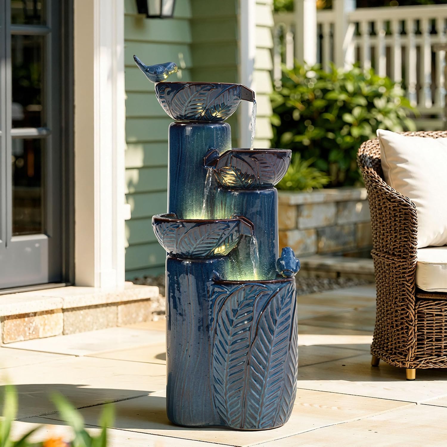 33' H Ceramic Outdoor Water Fountain with LED Lights, 4-Tier Bowl Water Feature with Birds, Teal Blue Glaze, Embossed Leaf Pattern, Cascading Waterfall for Tranquil Garden, Patio, or Porch