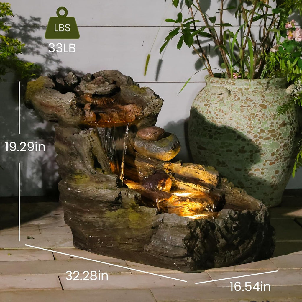 Sunlinua 23.62' L Outdoor Water Fountain with 3 Tiers Cascading Realistic Tree Trunk Waterfall Fountains with LED Lights Outdoor Water Fountain for Garden Patio Backyard Porch Home Decor