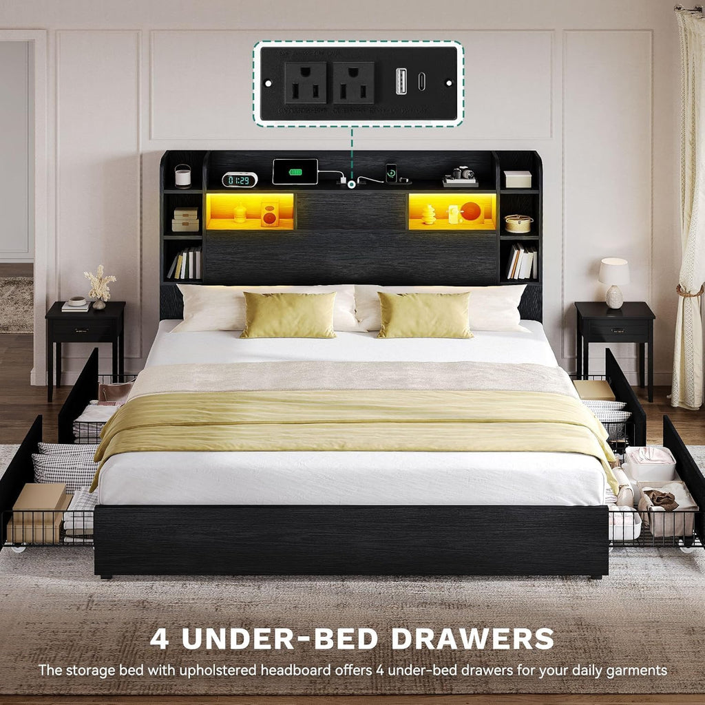 DWVO Queen Size Bed Frame with Bookcase Headboard and 4 Storage Drawers, RGB LED Bed Frame with Type-C & USB Charging Station Storage Headboard Bed, No Box Spring Needed, Noise Free, Black