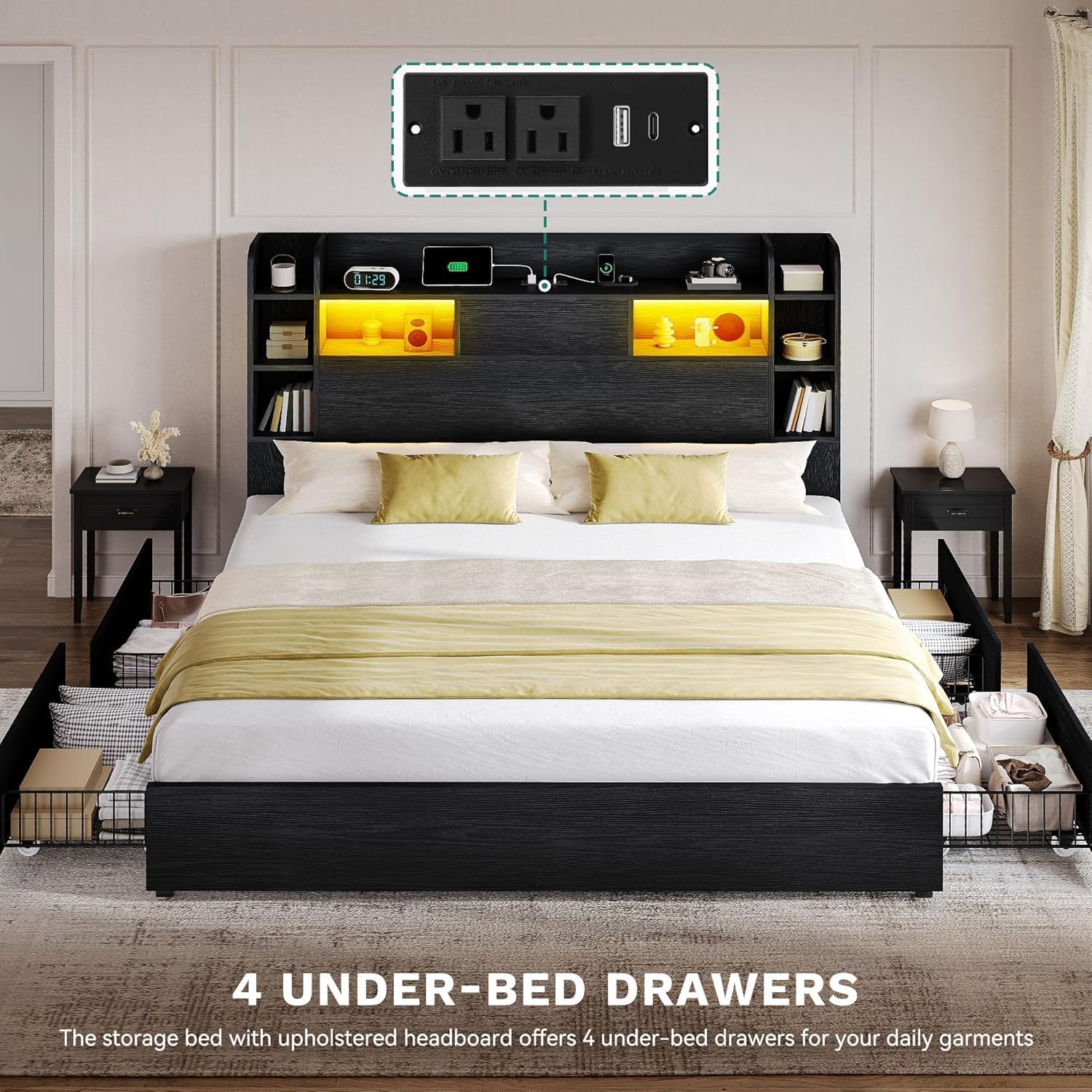 DWVO Queen Size Bed Frame with Bookcase Headboard and 4 Storage Drawers, RGB LED Bed Frame with Type-C & USB Charging Station Storage Headboard Bed, No Box Spring Needed, Noise Free, Black