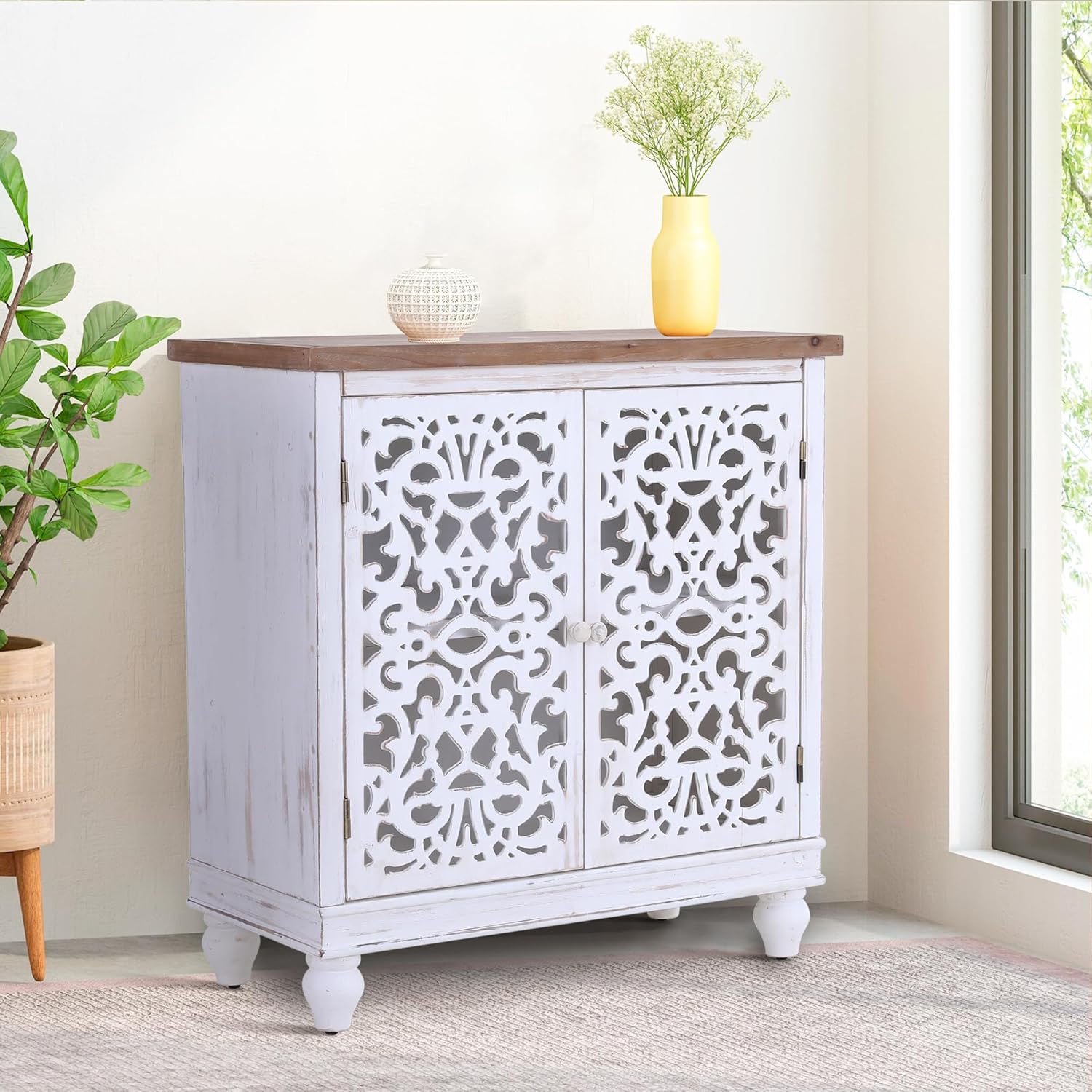 Sophia & William Accent Cabinet with 2 Doors, Distressed Storage Cabinet with Wood Frame and Hollow-Carved Door for Entryway Living Room, White