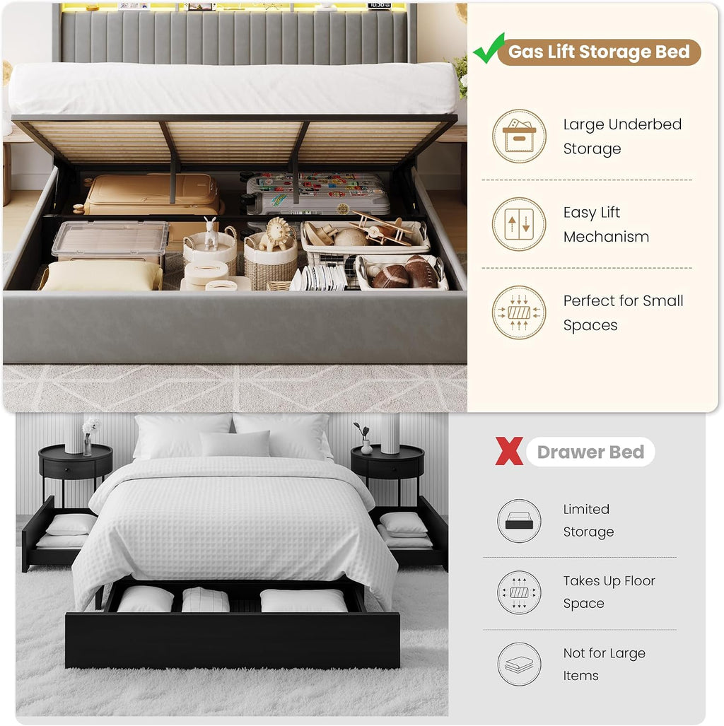 SHA CERLIN King Size Lift Up Storage Bed Frame/LED Lights/Charging Station/2-Tier Shelves Headboard/USB,Type-C Ports/Velvet Upholstered/Hydraulic Support/No Box Spring Needed/Noise Free/Gray