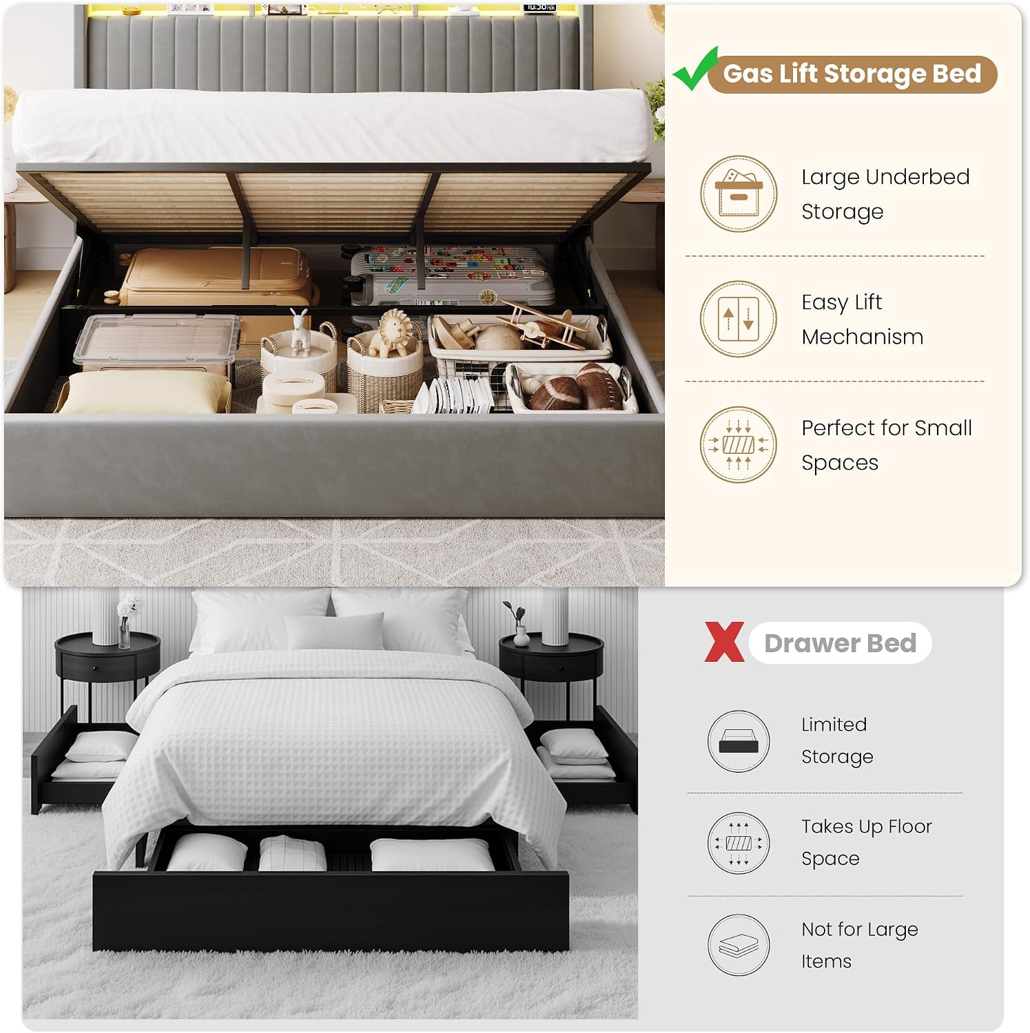 SHA CERLIN King Size Lift Up Storage Bed Frame/LED Lights/Charging Station/2-Tier Shelves Headboard/USB,Type-C Ports/Velvet Upholstered/Hydraulic Support/No Box Spring Needed/Noise Free/Gray