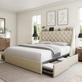 GalnFu Queen Bed Frame with 4 Storage Drawers, Huge Upholstered Wingback Headboard, Fast Charging Station, No Box Spring Needed, Noise-Free, Beige