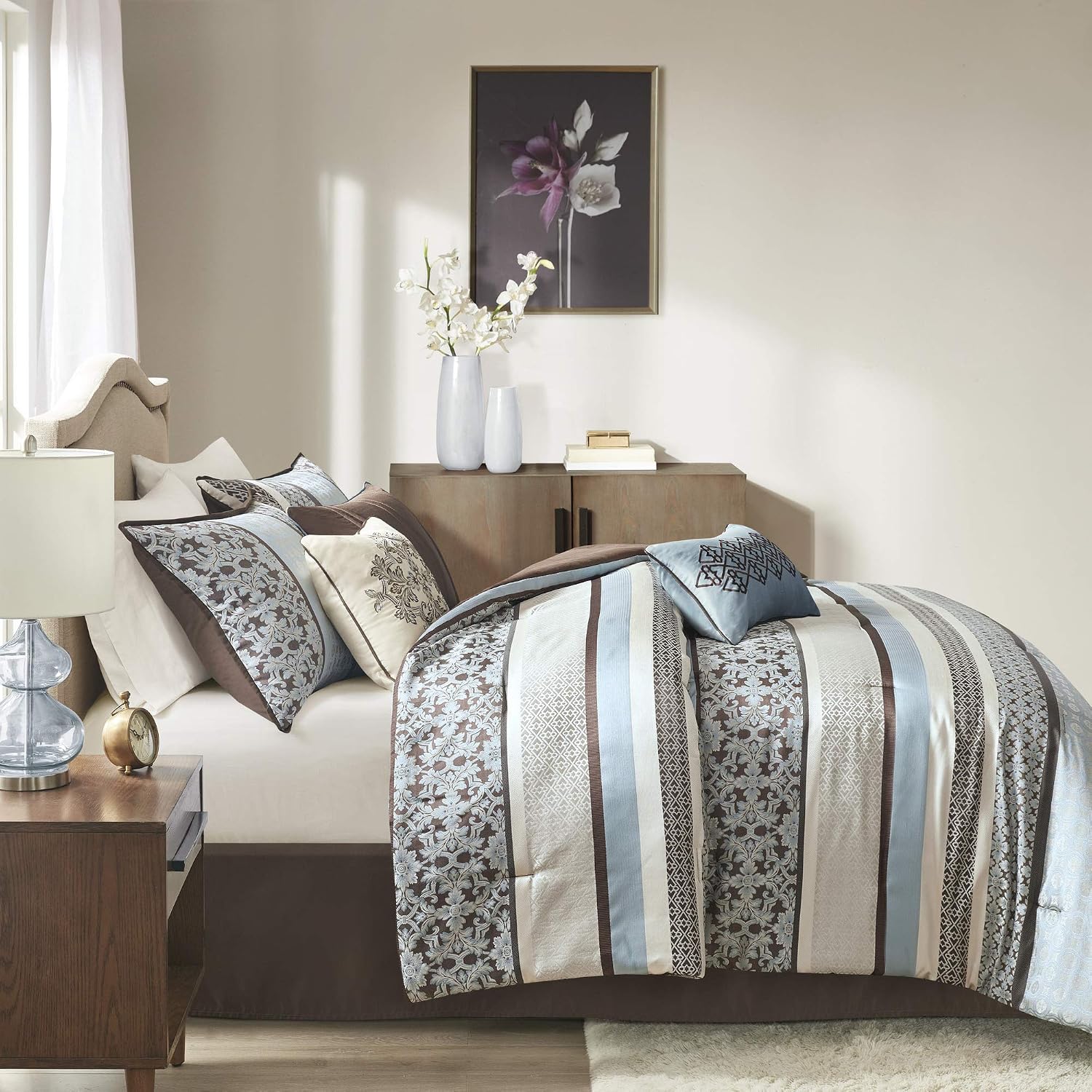Madison Park Princeton Cozy Comforter Set - Luxurious Jaquard Traditional Damask Design, All Season Down Alternative Bedding with Matching Shams, Decorative Pillow, Cal King(104'x92'), Blue 7 Piece