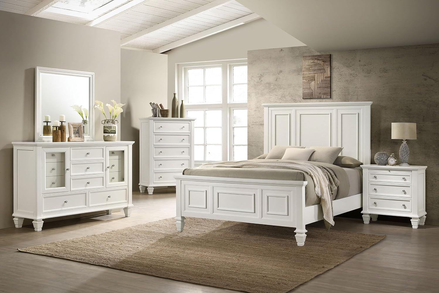 Coaster Home Furnishings Sandy Beach Coastal 5-Piece Bedroom Set Queen Size Panel Bed Frame 63-inch Headboard Cream White 201301Q-S5