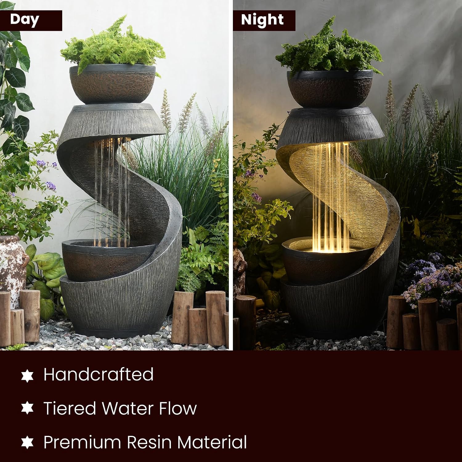 31.9' S-Shaped Outdoor Water Fountain with Lights – Resin Waterfall Fountain Outdoor with Planter Bowl, Modern Grey Garden Water Feature for Patio, Balcony, Yard, Home Decor
