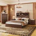 4 Piece Bedroom Sets of 4, Queen Size Platform Bed with USB Storage Headboard, 1 Cabinet of 5 Drawers and 2 Nightstands of 2 Drawers, Space Saving for Kids Boys Adults, Walnut