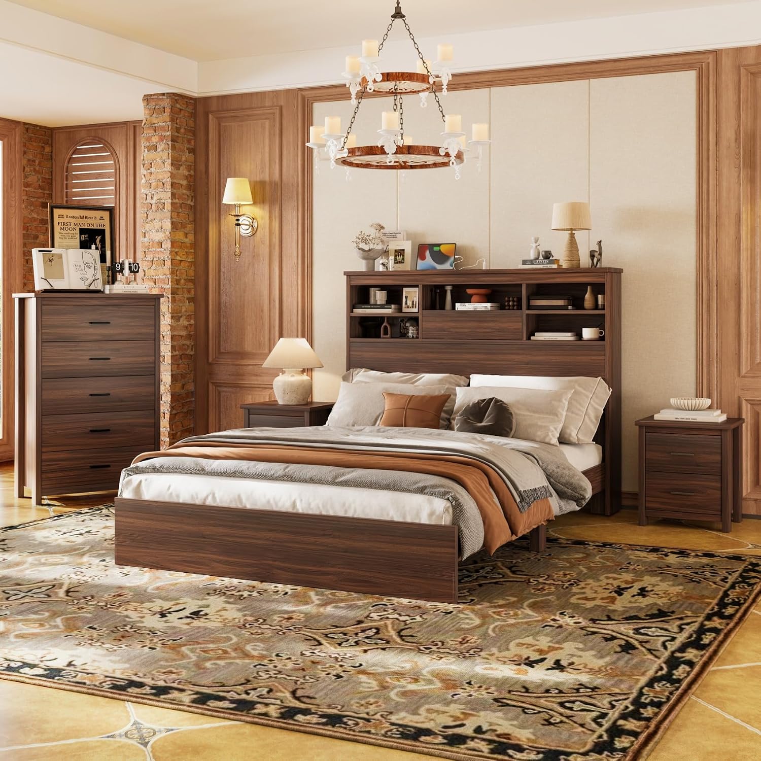 4 Piece Bedroom Sets of 4, Queen Size Platform Bed with USB Storage Headboard, 1 Cabinet of 5 Drawers and 2 Nightstands of 2 Drawers, Space Saving for Kids Boys Adults, Walnut