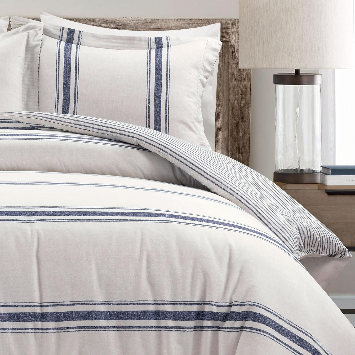 Lush Decor Farmhouse Stripe Reversible Cotton Duvet Cover King Size 3 Piece Set Navy - Farmhouse Bedding Set King - Striped Duvet Cover