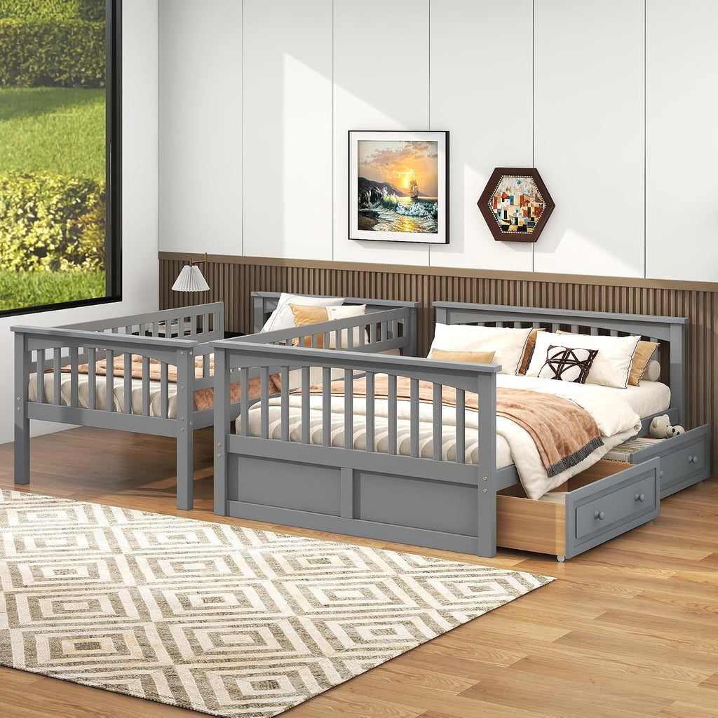 Harper & Bright Designs Convertible Wood Twin Over Full Bunk Bed with 2 Storage Drawers and Ladder - Can Be Divided Into Two Daybeds, Grey
