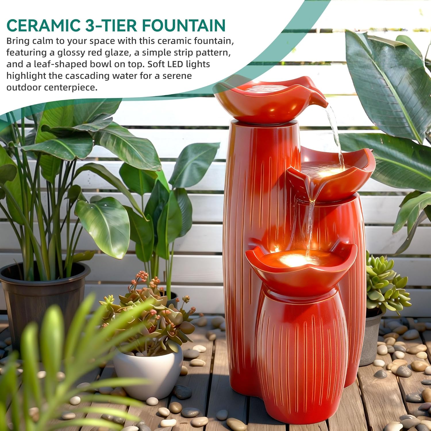 30' H Ceramic Outdoor Water Fountain with LED Lights, 3-Tier Cascading Lotus Bowls Water Feature, Tranquil Waterfall for Relaxing Garden, Patio, Yard, Terracotta Red, Vertical Striped Texture