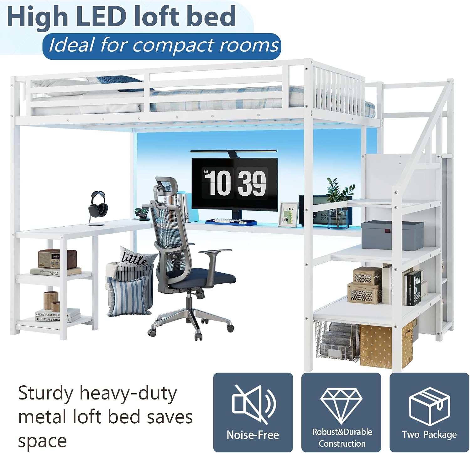 Queen Size Loft Bed with Stairs and Desk, Gaming Loft Beds with RGB LED Light and Storage Shelf, Heavy-duty Metal Loft Bed Frame with Wardrobe, Charging Station for Adults Kids Teens, White