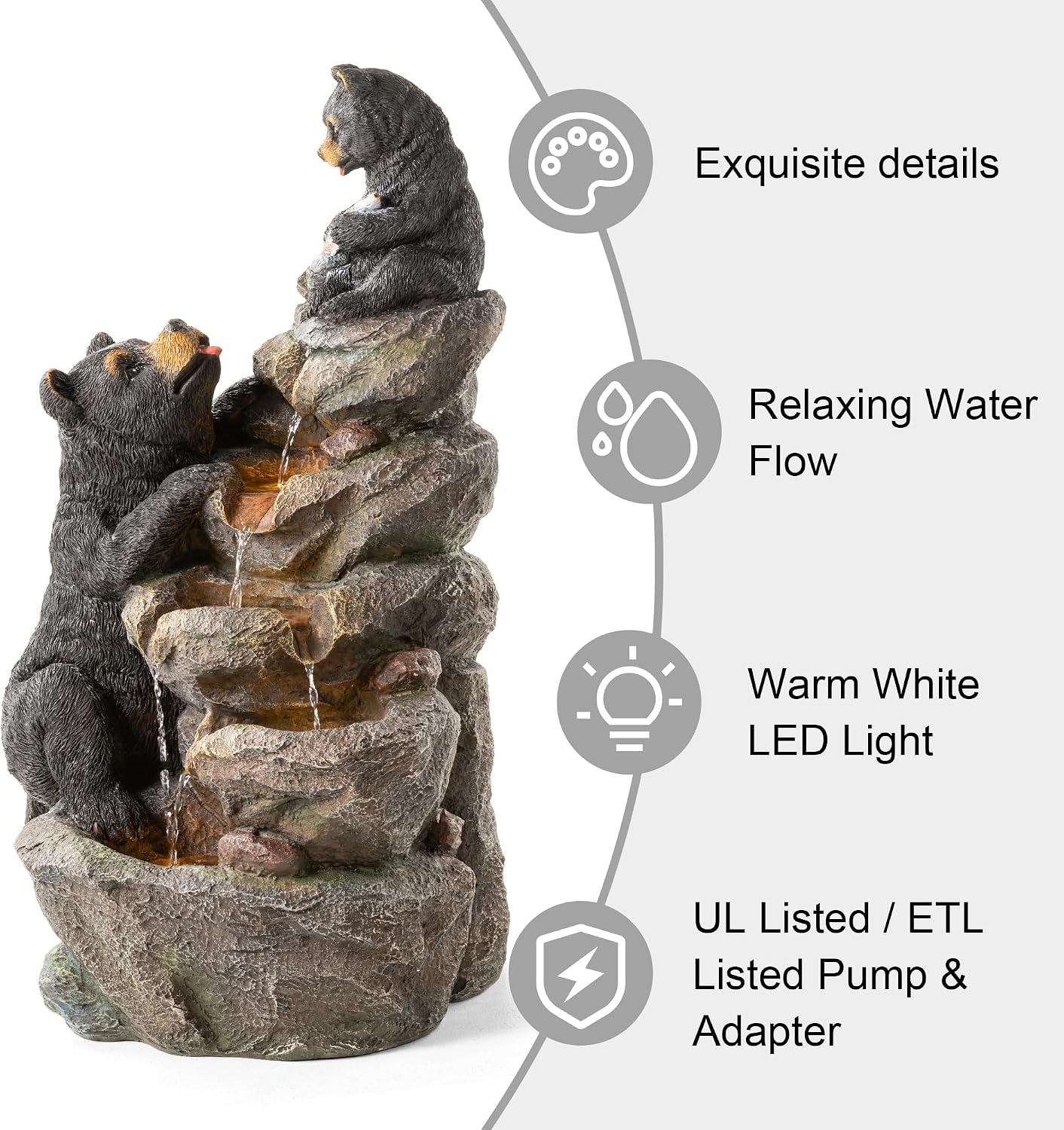 Glitzhome Water Fountain Outdoor, Outdoor Fountain with Lights & Pump, 30.5' H 4-Tiered Mom and Baby Bear Polyresin Cascading Waterfall Floor Standing Water Feature for Garden, Patio, Yard, Deck
