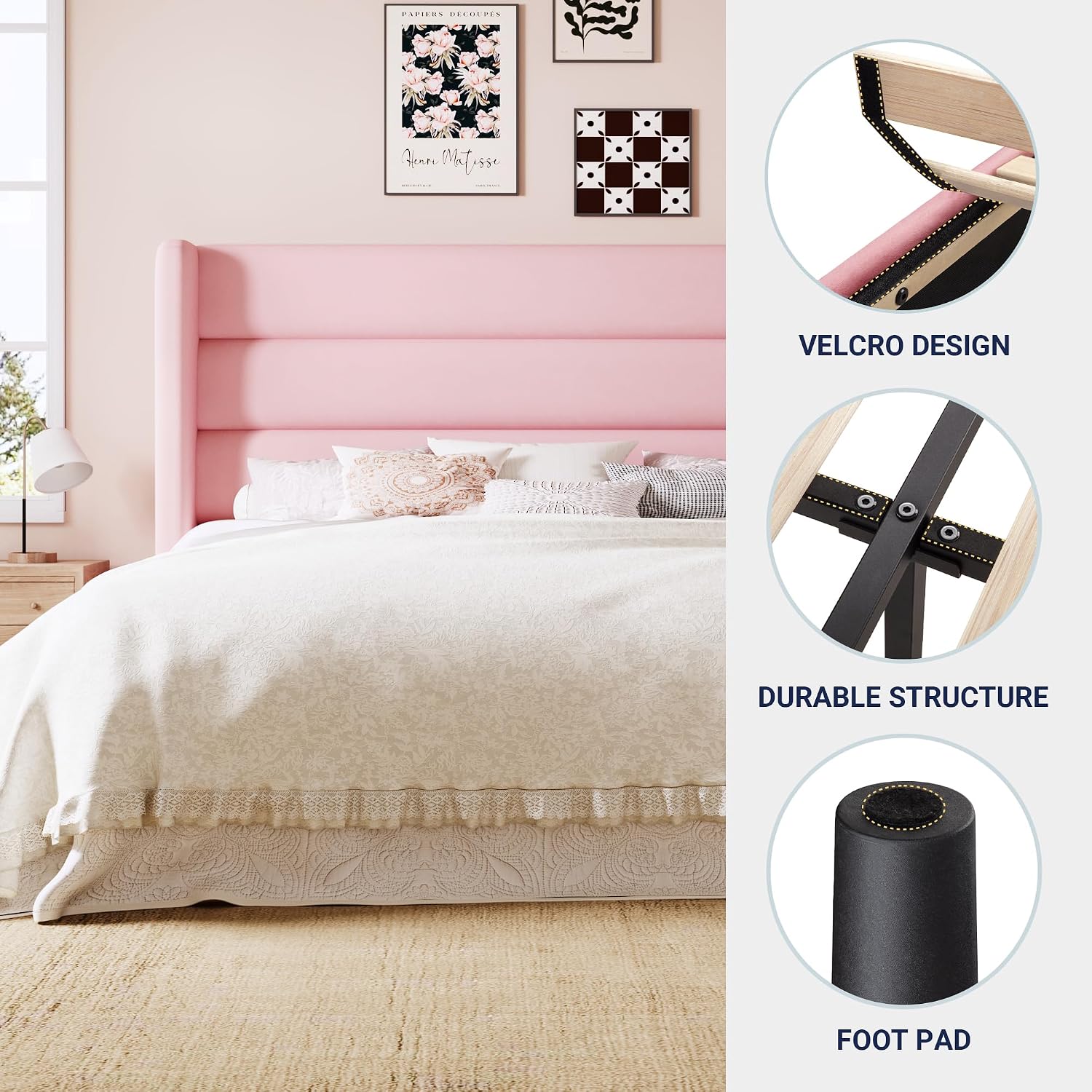 Allewie Full Size Platform Bed Frame with Velvet Upholstered Wingback Headboard, No Box Spring Needed, Under Bed Storage Space, Strong Wooden Slats, Modern Mattress Foundation, Easy Assembly, Pink