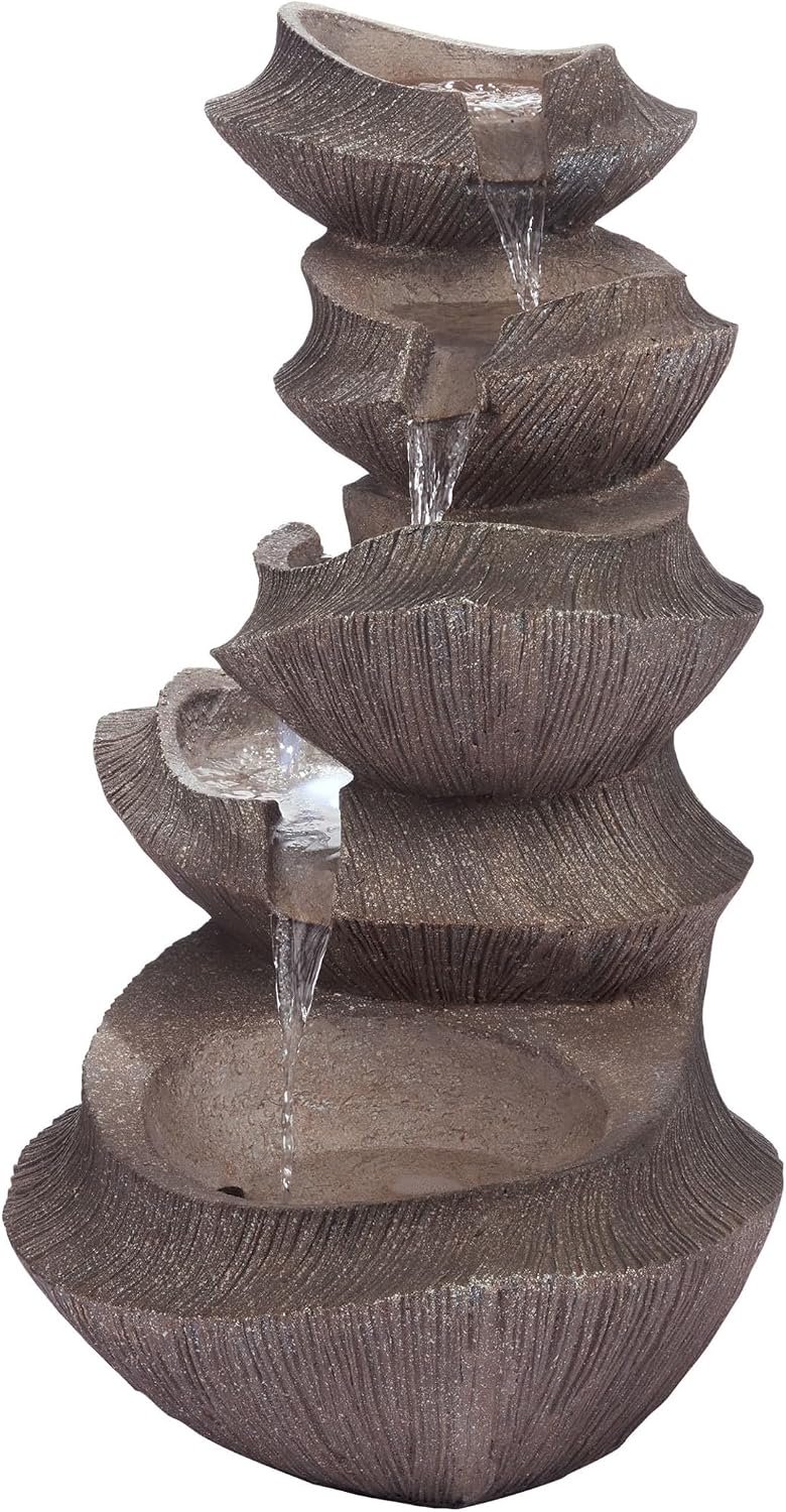 Alpine Corporation WIN1332L-BR Outdoor Floor Tiered Basin Fountain with LED Lights, Modern Basin Garden Fountain 31', Brown