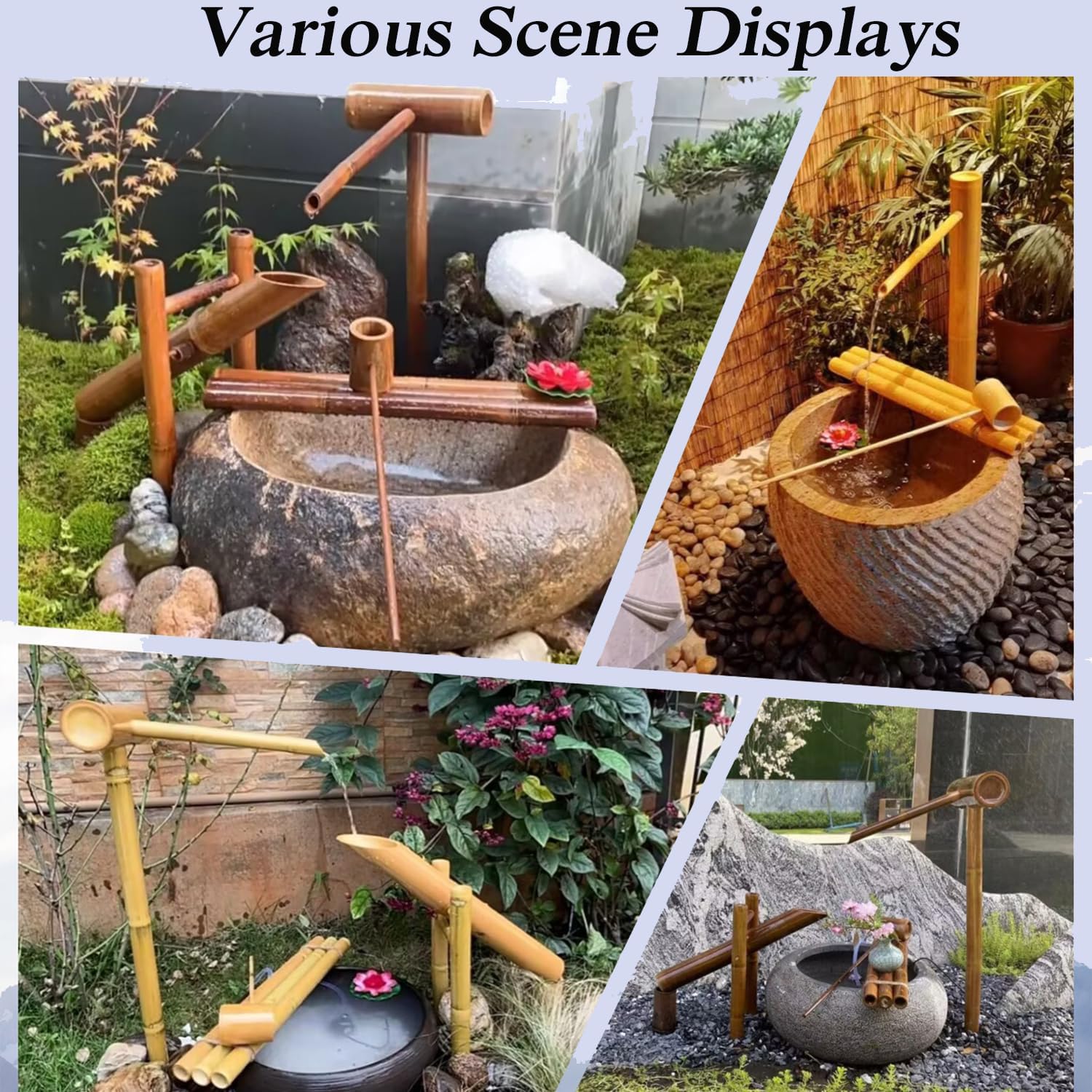 Indoor Outdoor Bamboo Fountain, Bamboo Traditional Japanese Rocking Water Fountain, Zen Garden Decor with Water Pump, 6W Solar Panel, 2M Tube, for Garden Terrace Pond