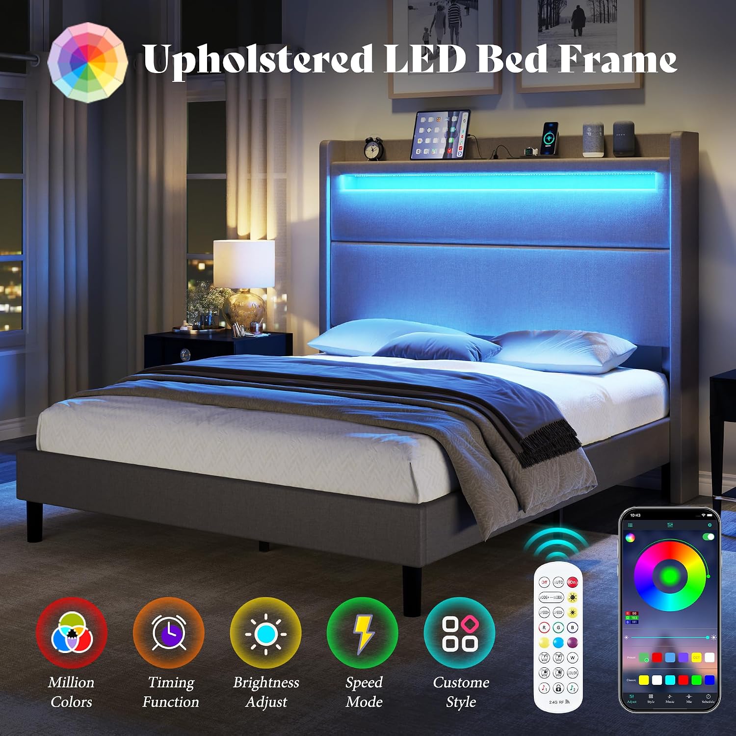 AMERLIFE Queen Bed Frame with LED Light & Wingback Headboard, Upholstered Platform Bed with USB & USB-C Ports, No Box Spring Needed/Noise Free/Light Grey