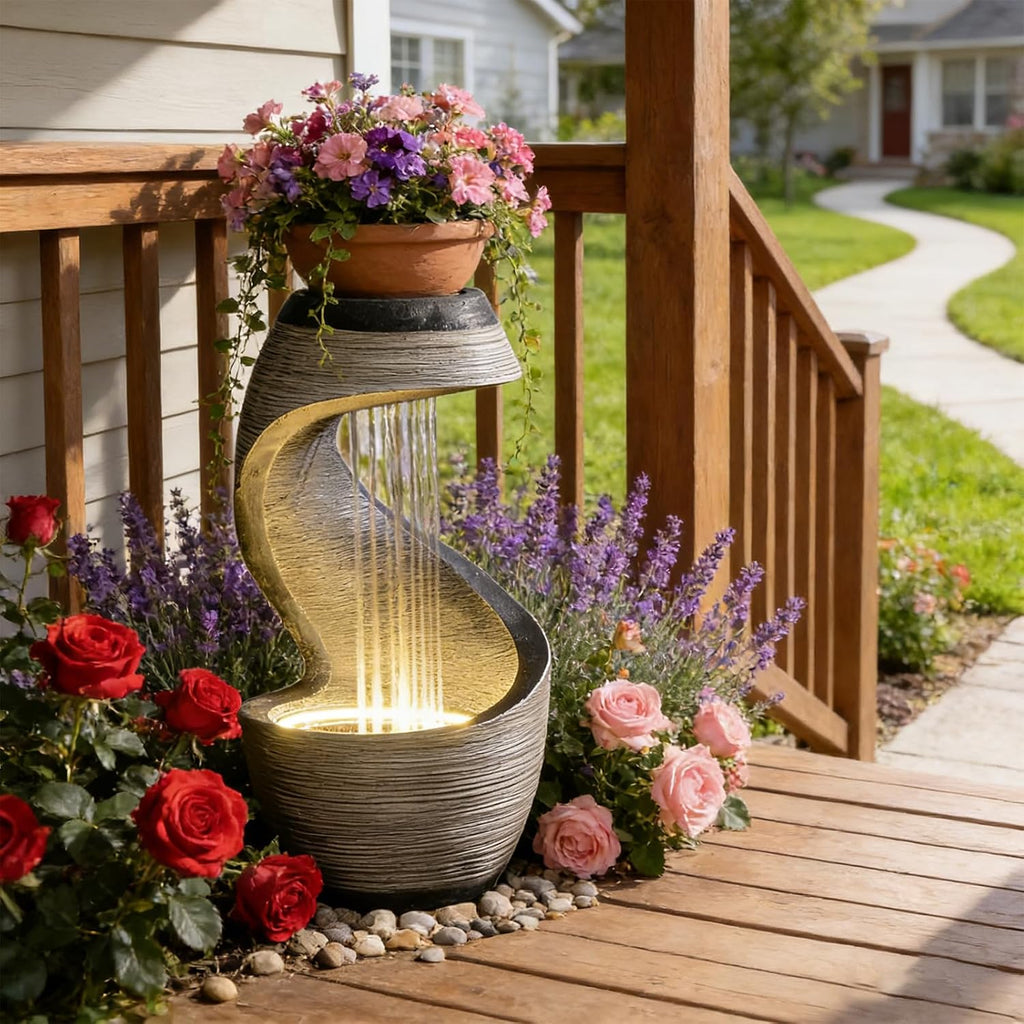 37' S-Shaped Outdoor Water Fountain with LED Lights, Modern Resin Cascading Waterfall Feature for Garden, Patio, Backyard or Porch, Large Decorative Zen Water Feature – 21' L x 21' W x 37.9' H