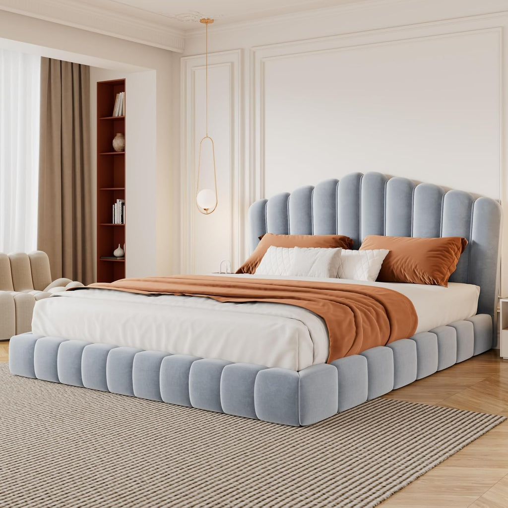 JIVOIT Velvet Upholstered Platform Bed, Queen Bed Frame with Shell-Shaped Headboard, Low-Profile Platform Design with Wood Slats Support, No Box Spring Needed (Light Blue * 167)