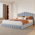 JIVOIT Velvet Upholstered Platform Bed, Queen Bed Frame with Shell-Shaped Headboard, Low-Profile Platform Design with Wood Slats Support, No Box Spring Needed (Light Blue * 167)