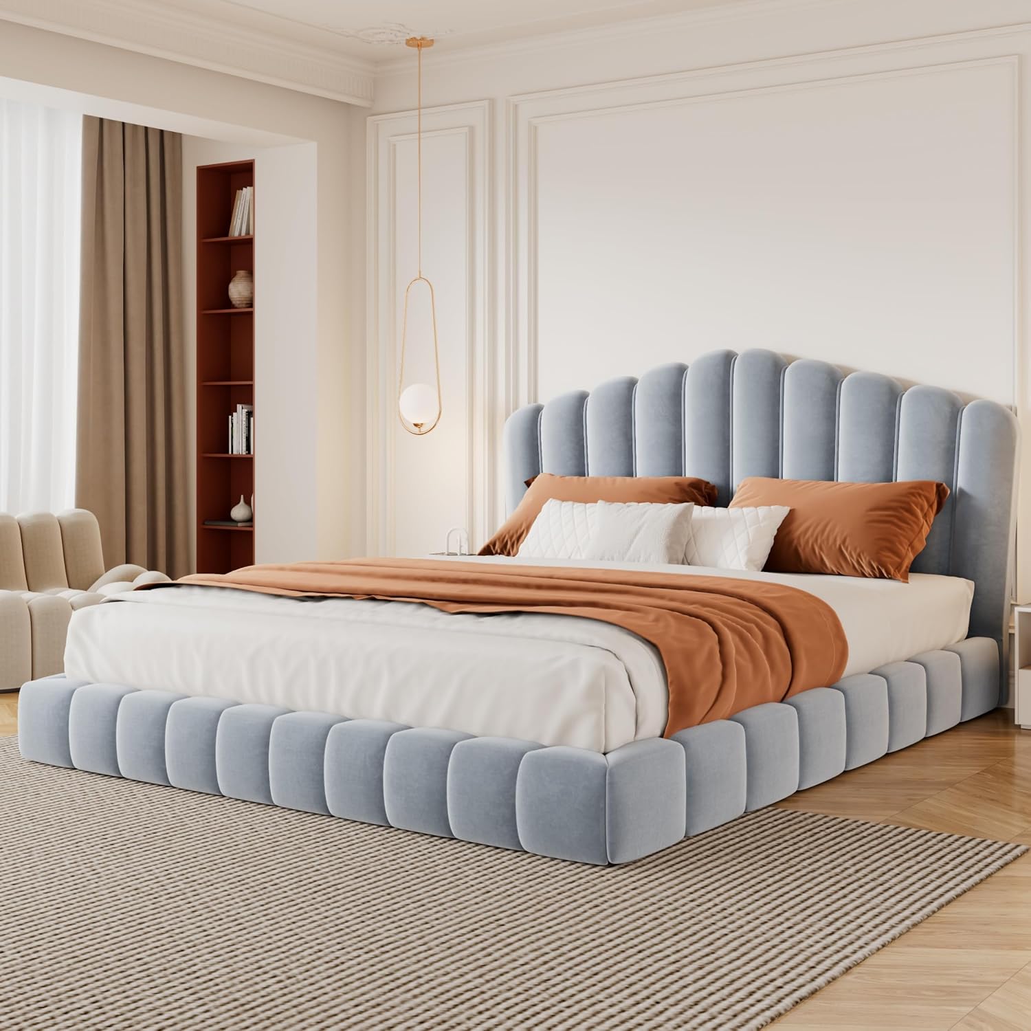 JIVOIT Velvet Upholstered Platform Bed, Queen Bed Frame with Shell-Shaped Headboard, Low-Profile Platform Design with Wood Slats Support, No Box Spring Needed (Light Blue * 167)