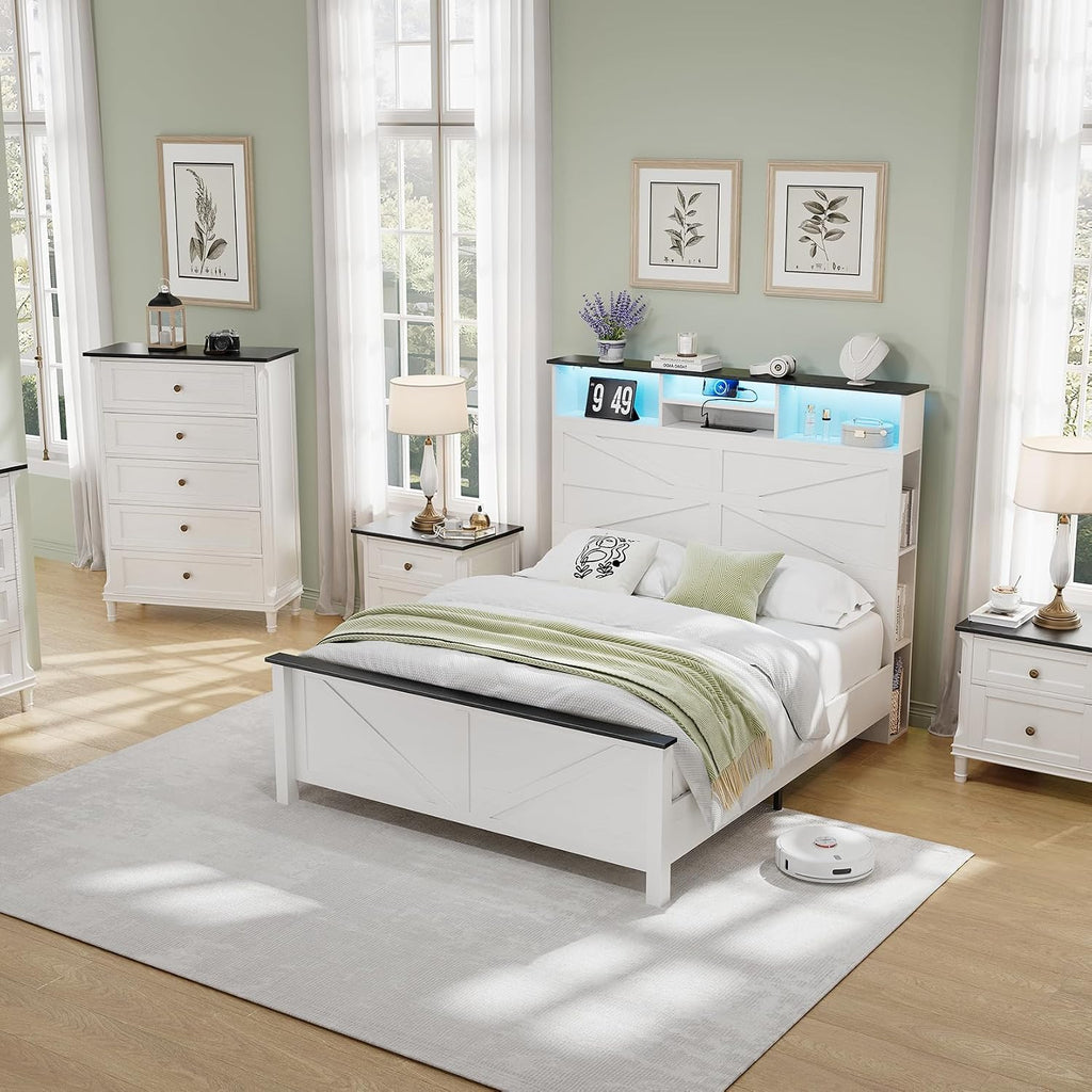 Farmhouse Full Size Bed Frame with 51' Tall Storage Headboard, 3-Tier Bookcase on Both Sides, Wooden Full Bed Frame with Charging Station and LED Lights, Noise Free, No Box Spring Needed, White