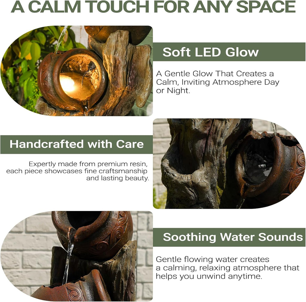 47' H Outdoor Water Fountain with LED Lights, 4-Tier Cascading Water Fountain for Indoor & Outdoor Use, Garden Patio Waterfall Fountain with Rustic Wood-Style Design for Porch, Backyard Décor